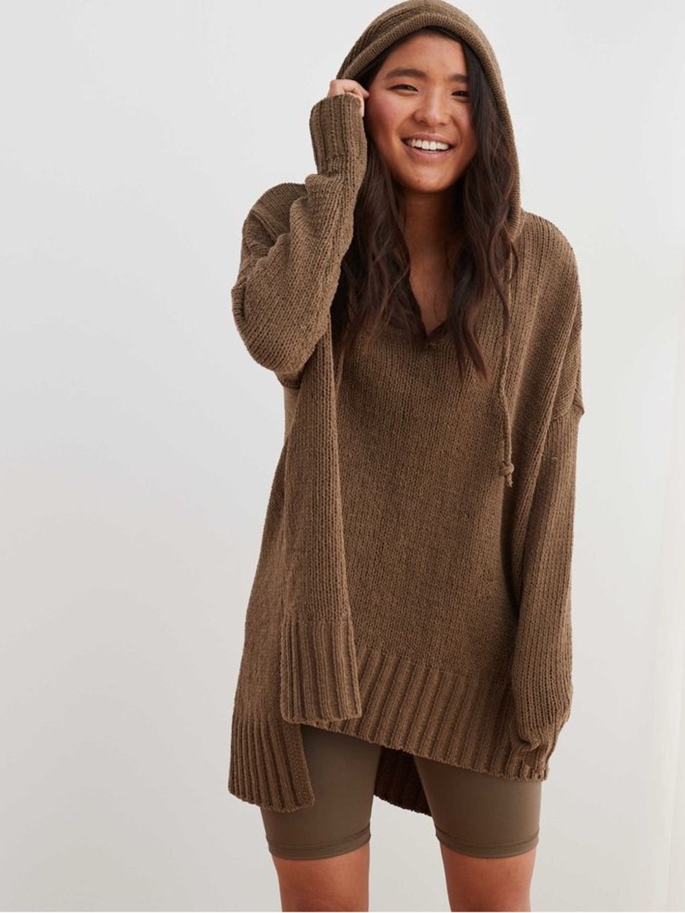 Aerie chenille chunky knit brown green oversized hoodie sweater - Picture 1 of 5